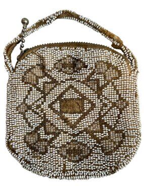 Vintage beaded pouch purse extra small brown white 1930s 1940s Wico zipper